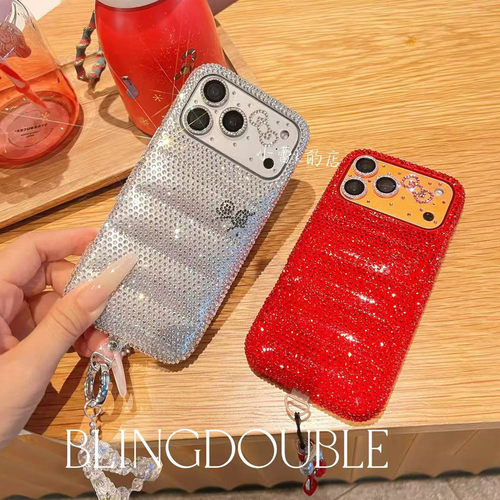 皮质软全包水钻满钻红色手机壳适用苹果17promax/16pro/14/17pro