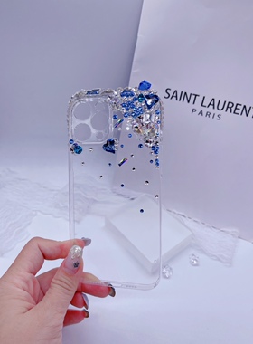 方钻远峰蓝色贴钻手机壳11小米华为OPPO苹果12/13/14proamx