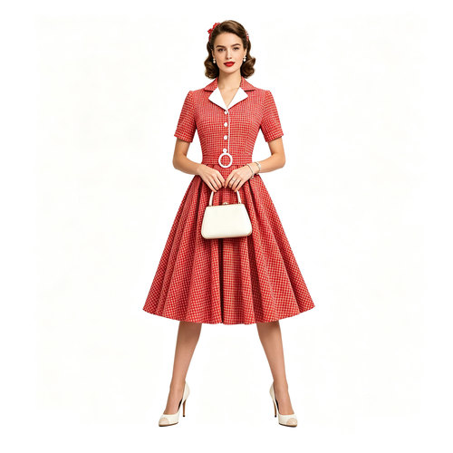 港风赫本风格子西装领复古连衣裙