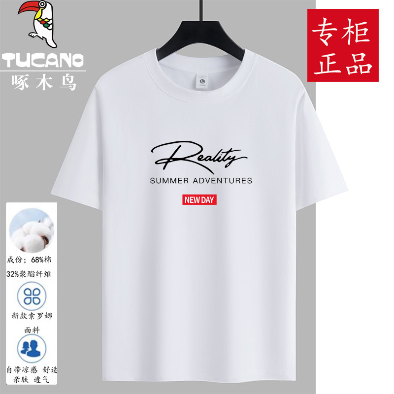 啄木鸟短袖t恤男冰丝半袖体恤衫圆领印花汗衫中青年男士休闲t恤