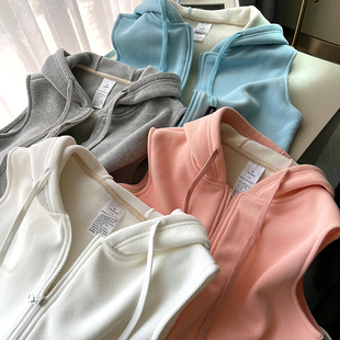 加绒加厚无袖 休闲运动背心女 卫衣马甲女2022秋冬坎肩连帽外套韩版