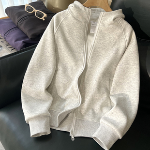 宽松休闲运动连帽衫 拉链开衫 新款 2025秋冬季 上衣 加绒卫衣外套女款