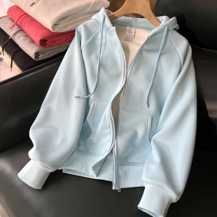 上衣纯色外套韩版 拉链卫衣女春秋长袖 蓝色连帽女士开衫 2025年新款