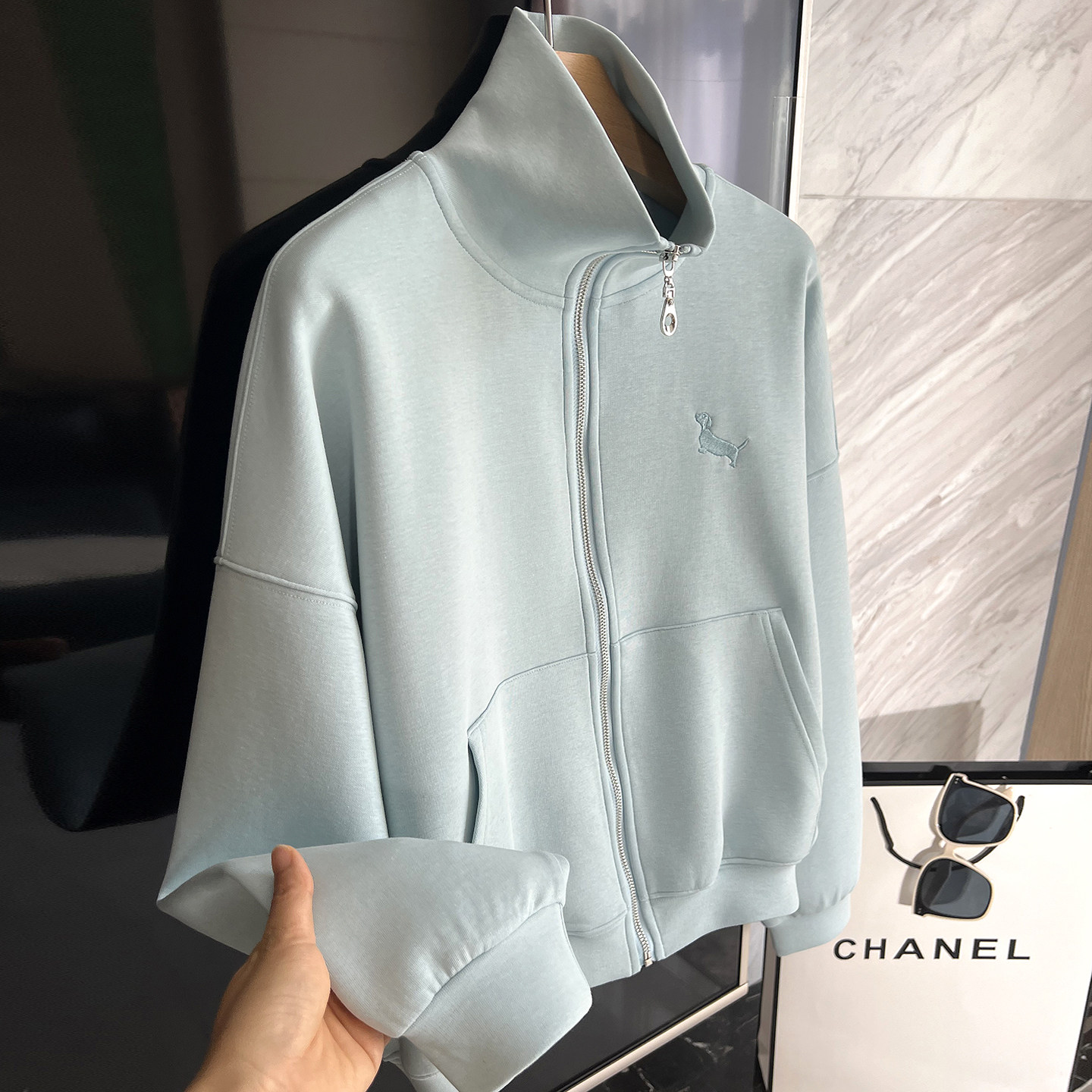 立领拉链开衫卫衣女薄款运动宽松针织外套浅蓝色夹克衫短款上衣女