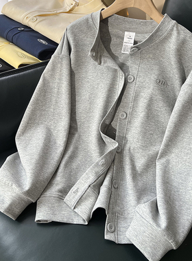 春秋薄款圆领卫衣开衫女韩版宽松灰色运动休闲排扣棒球服长袖外套