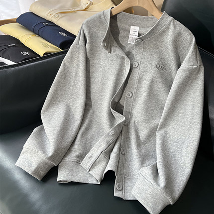 春秋薄款圆领卫衣开衫女韩版宽松灰色运动休闲排扣棒球服长袖外套