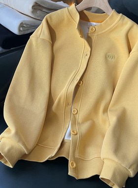 黄色加绒加厚卫衣短外套女秋冬宽松大码休闲棒球服摇粒绒开衫上衣
