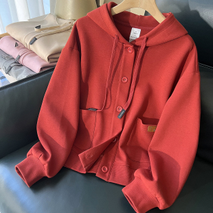 红色连帽卫衣外套女2025春秋薄款 女士上衣潮 宽松秋冬加绒加厚开衫