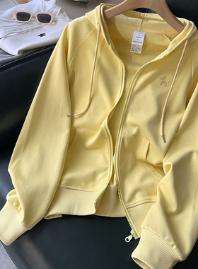 黄色连帽卫衣女薄款2026春秋季新款宽松拉链开衫外套百搭休闲上衣