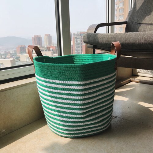 ins条纹手工编织布艺棉线收纳篮