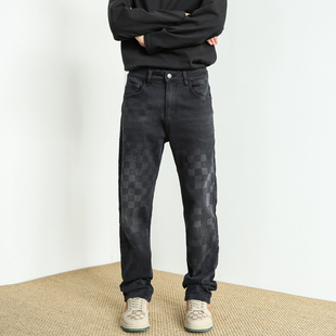 男秋冬季 直筒2025休闲裤 加绒美式 长裤 印花黑灰色棋盘格修身 牛仔裤