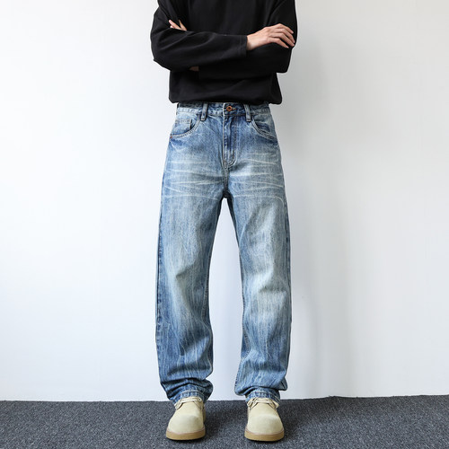 秋季牛仔裤男士磨白宽松直筒百搭
