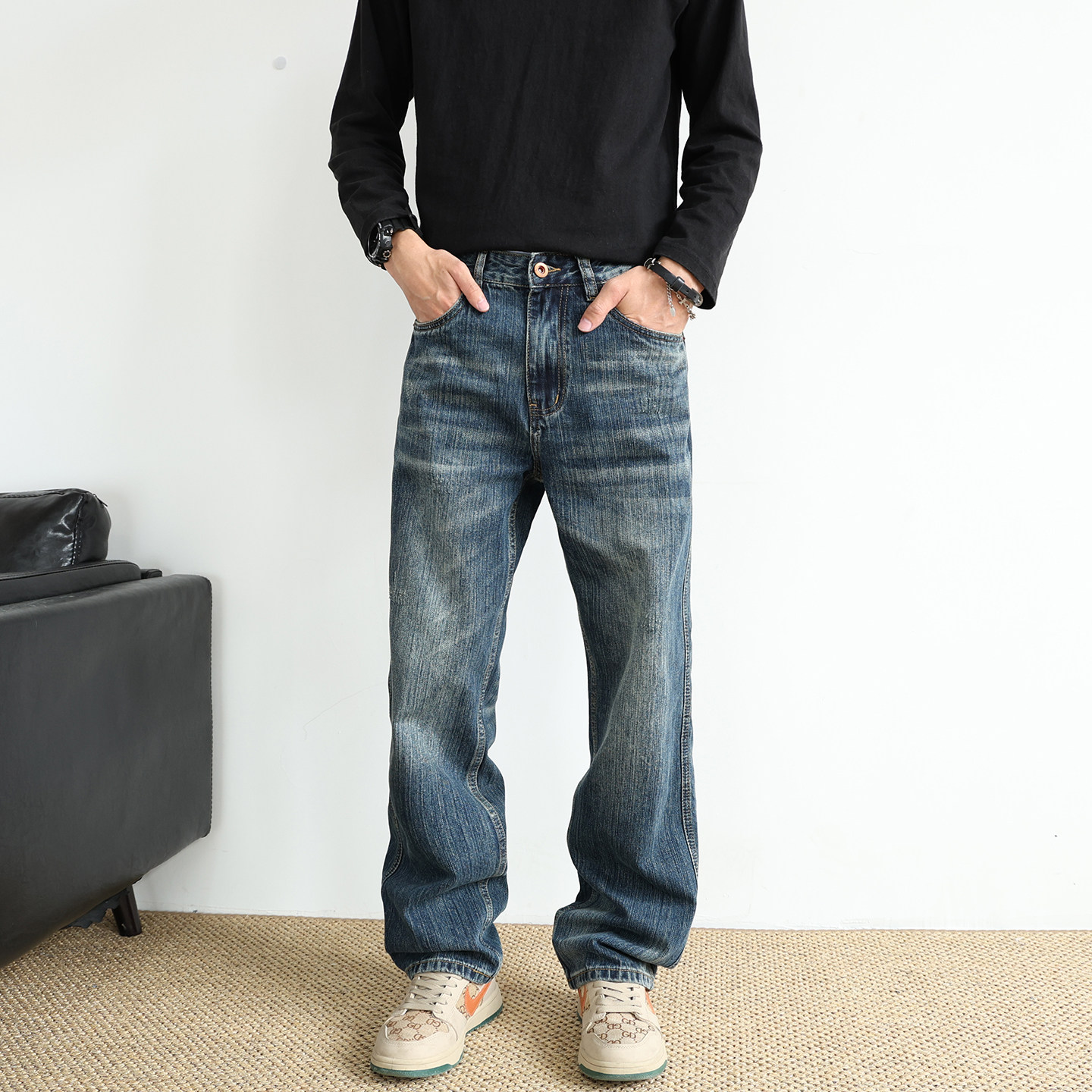 美式复古做旧竹节纹水洗2026新款秋冬款牛仔裤男款宽松直筒长裤子,男装,牛仔裤,淘宝优惠券,粉丝福利购,淘宝优惠卷