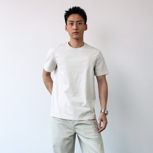美式复古修身稻香色短袖T恤男士
