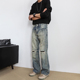 裤 美式 潮牌宽松直筒微喇2026新款 男士 子 高街满天星烫钻破洞牛仔裤