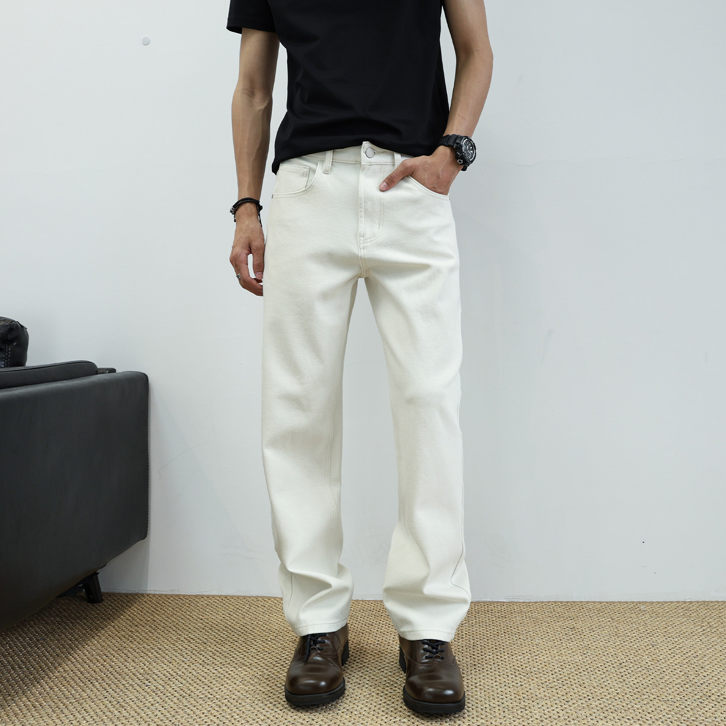 牛仔裤男款米色弹力2026新款美式高街复古宽松直筒休闲百搭长裤子