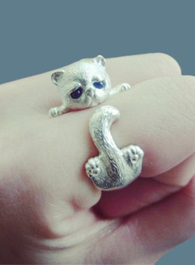 日韩简约可爱小猫戒指女开口kt猫