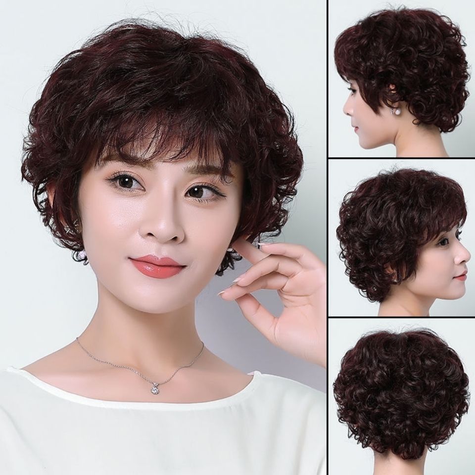 假发女短卷发真发女士中老年妈妈假发时尚修脸整顶假发套假发短发