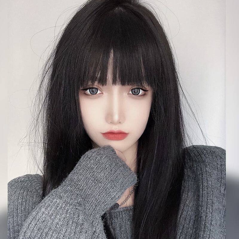 网红漫画刘海假发女长发修脸减龄黑色长直发日常自然假毛全头套式