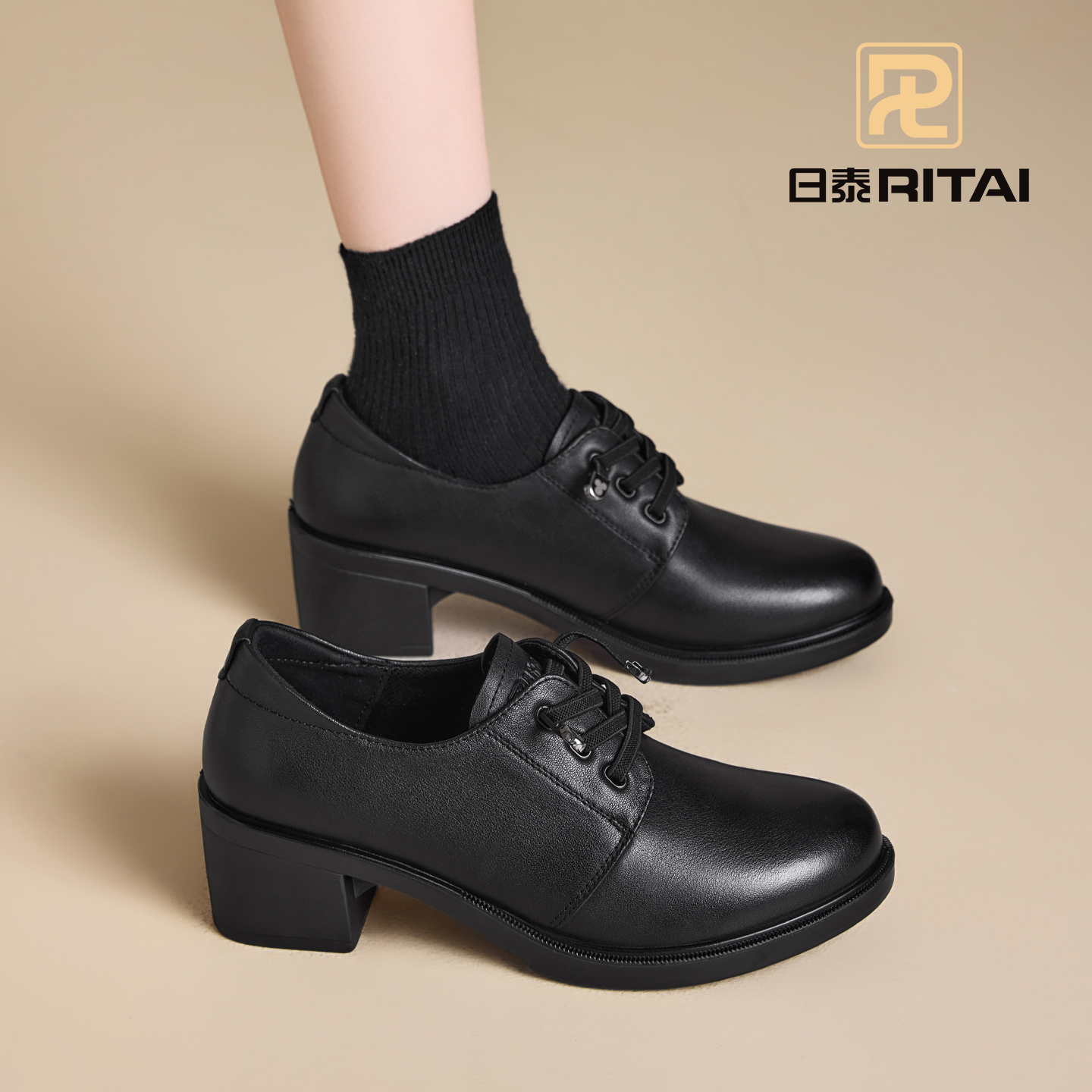 日泰真皮休闲女单鞋粗跟增高女鞋