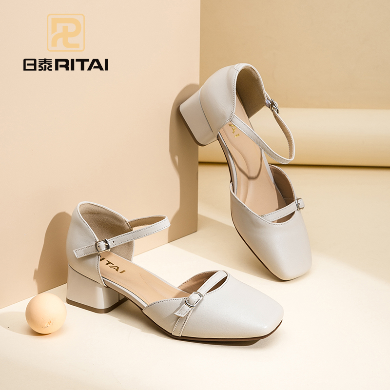 日泰头层牛皮一字带包头女士凉鞋