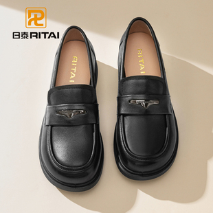 真皮秋季 粗跟女单鞋 新款 女英伦简约百搭通勤鞋 休闲乐福鞋 日泰女鞋
