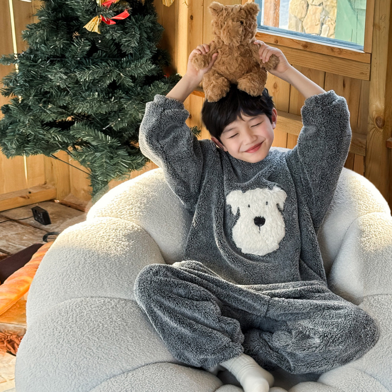 2025男童冬款卡通毛绒小狗刺绣家居服北极毛加厚儿童睡衣套装