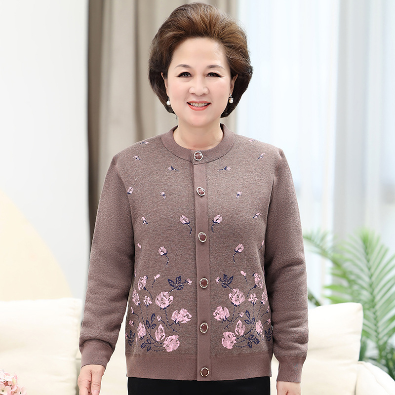 中老年人秋冬新款加绒保暖外套奶奶加厚毛衣妈妈针织开衫老人