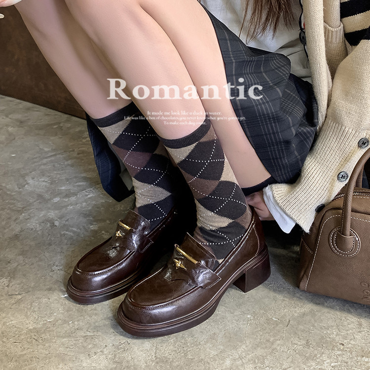 小羊皮粗跟中跟乐福鞋女单鞋2025春秋新款一脚蹬圆头小皮鞋