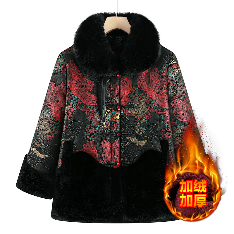 老太太唐装奶奶冬季棉衣中老年加绒加厚棉袄妈妈冬季皮毛一体棉衣