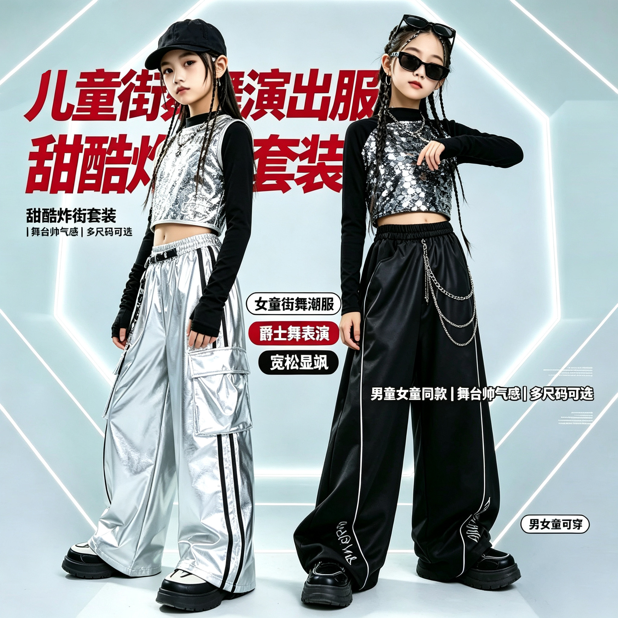 女童银色亮片爵士舞演出服 少儿科技感街舞套装Hiphop走秀潮服