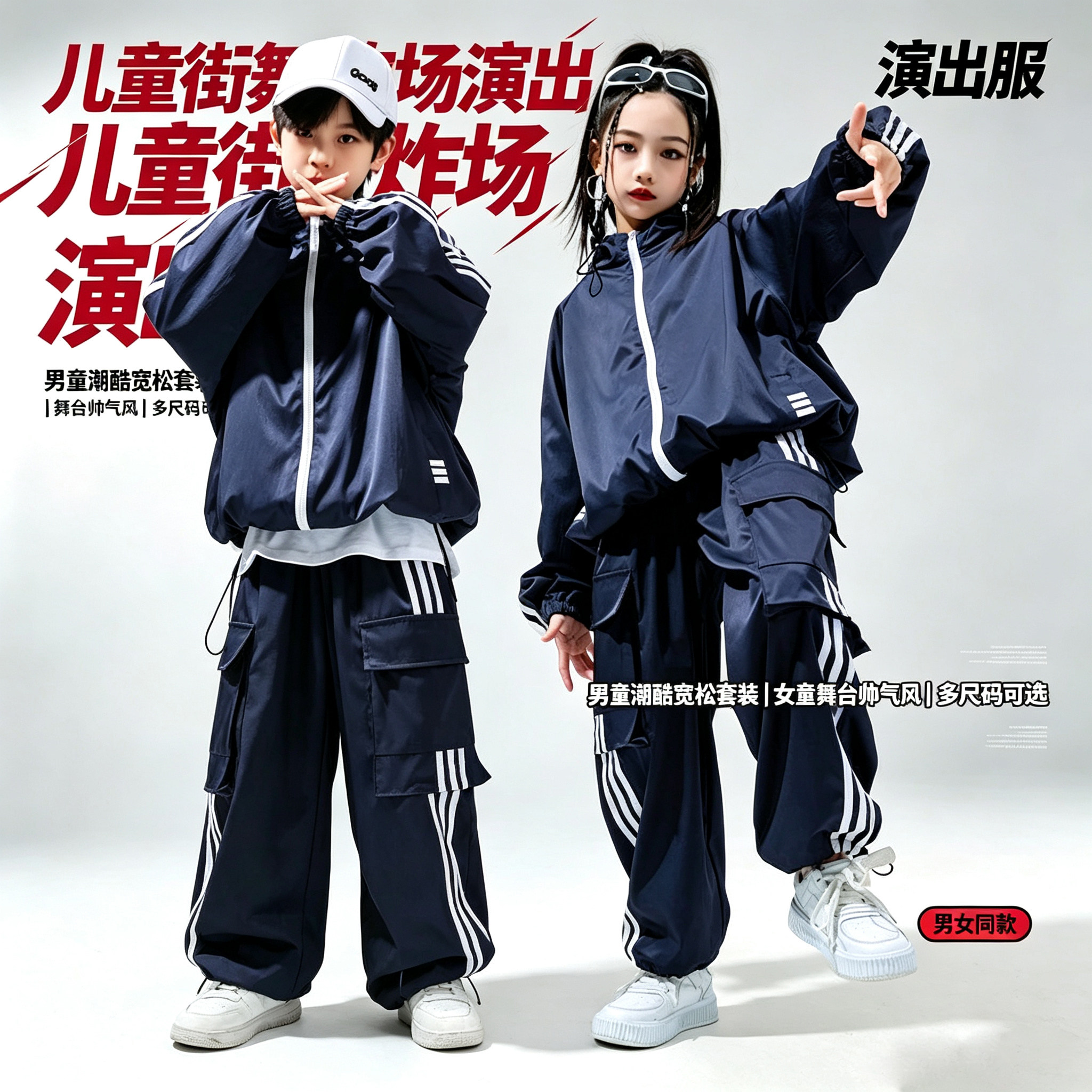 儿童街舞演出服 男童女童潮酷宽松套装 少儿嘻哈舞台表演服 队服