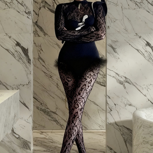 欧美个性复古豹纹连身丝袜女薄性感黑丝手套一体连体袜女装穿搭