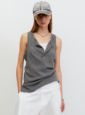 southstudio背心女同款夏新款灰色亨利领口条纹肌理纯棉背心