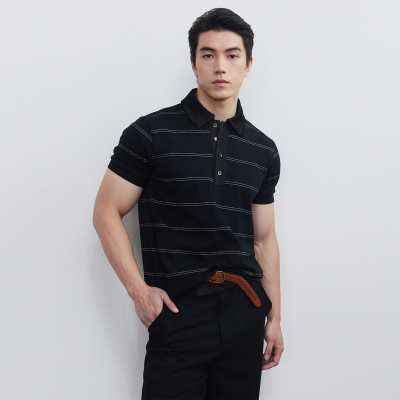 Lumen South Studio短袖Polo男条纹26夏新双色绸缎翻领拼接半开襟