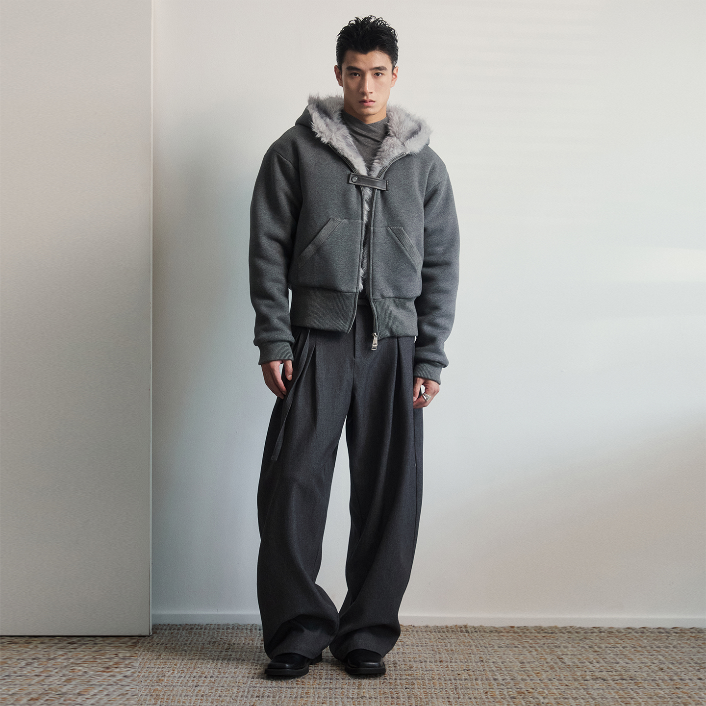 SouthStudio外套内里全毛开襟连帽双侧插兜25冬上新保暖灰色上衣