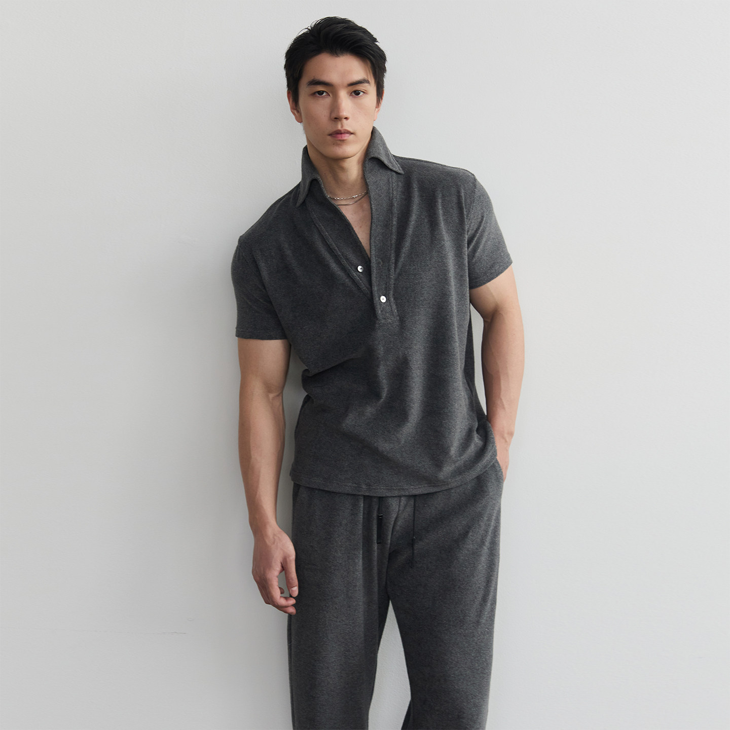 SouthStudio短袖男26夏新款半开襟套头毛巾面感弹性休闲黑灰Polo