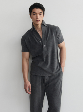 SouthStudio短袖男26夏新款半开襟套头毛巾面感弹性休闲黑灰Polo