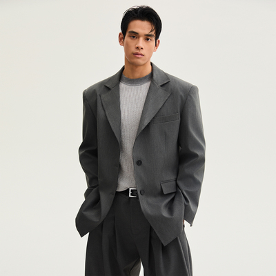 SouthStudio西装灰色男女同款25秋毛边剪裁设计宽松单排扣西服