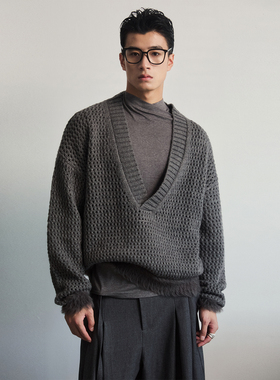 SouthStudio毛衣大V领男女同款26春镂空编织灰色套头针织上衣