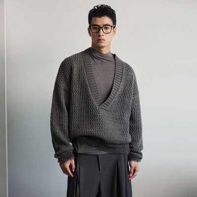 SouthStudio毛衣大V领男女同款25秋冬镂空编织灰色套头针织上衣