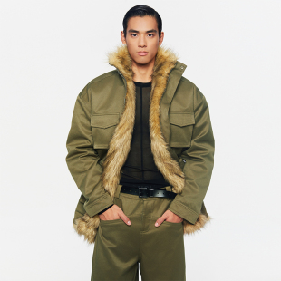 Southstudio工裝 24冬上新多口袋仿貂毛軍綠色短大衣 外套男女同款