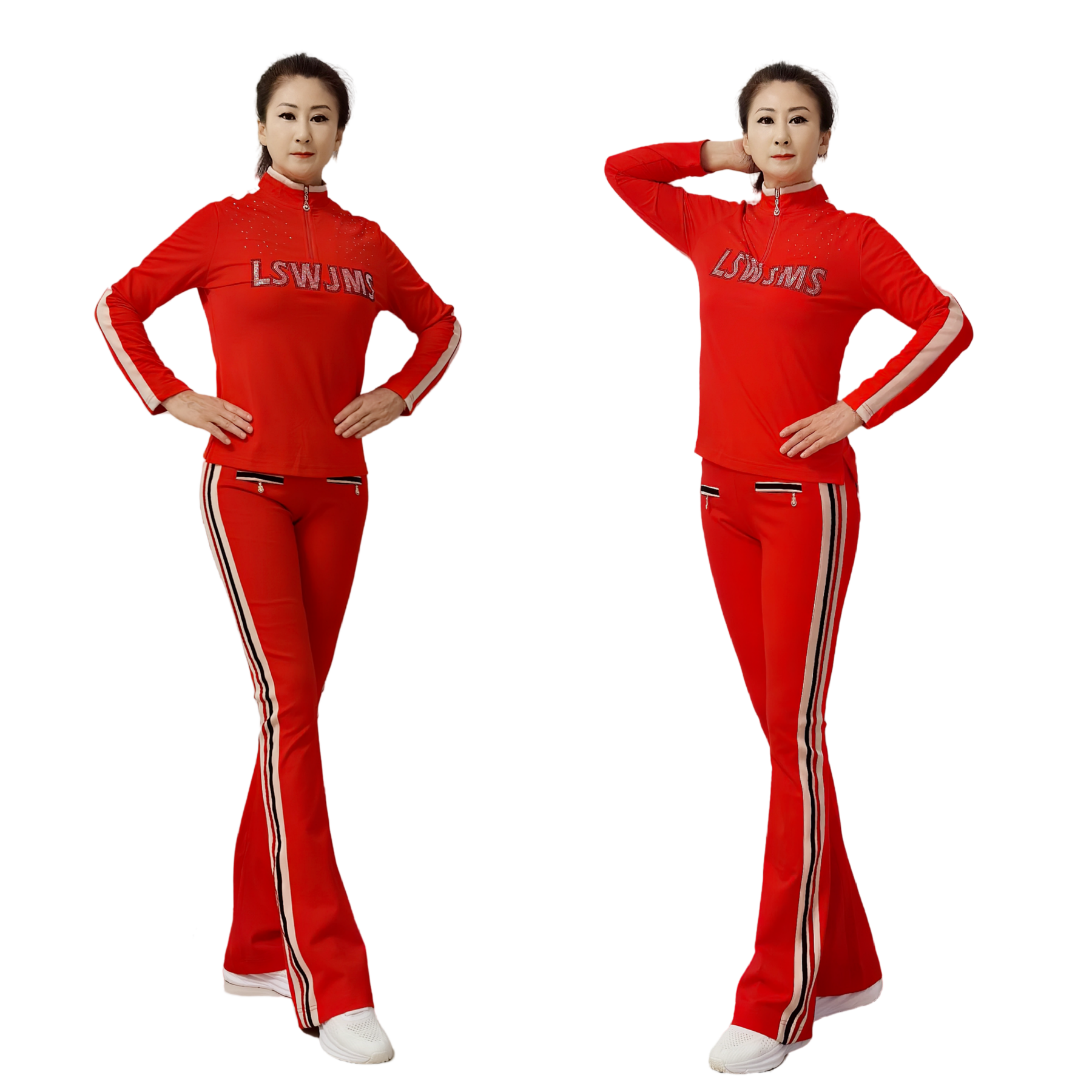 快乐舞步佳木斯健身操运动休闲红色罗马烫钻长袖时尚设计套装