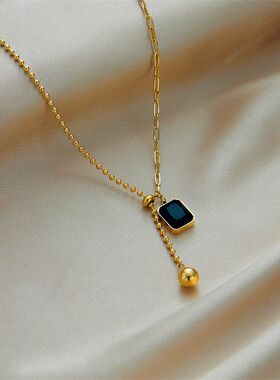 韩版小众高级简约金属钛钢黑色方钻圆珠不对称抽拉可调节锁骨项链