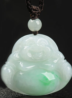 缅甸A货飘花弥勒佛吊坠女款佛公挂件玉佛玉坠颈饰