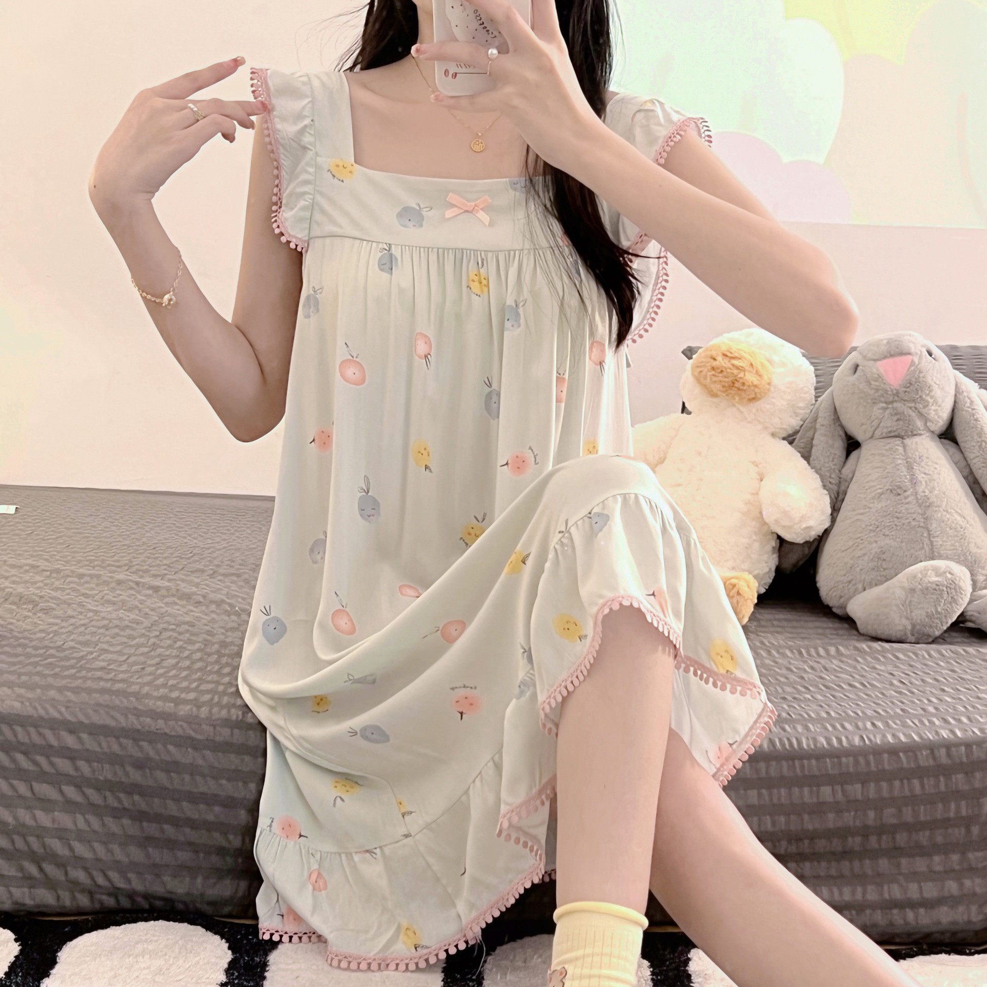 夏季甜美小碎花方领吊带睡裙