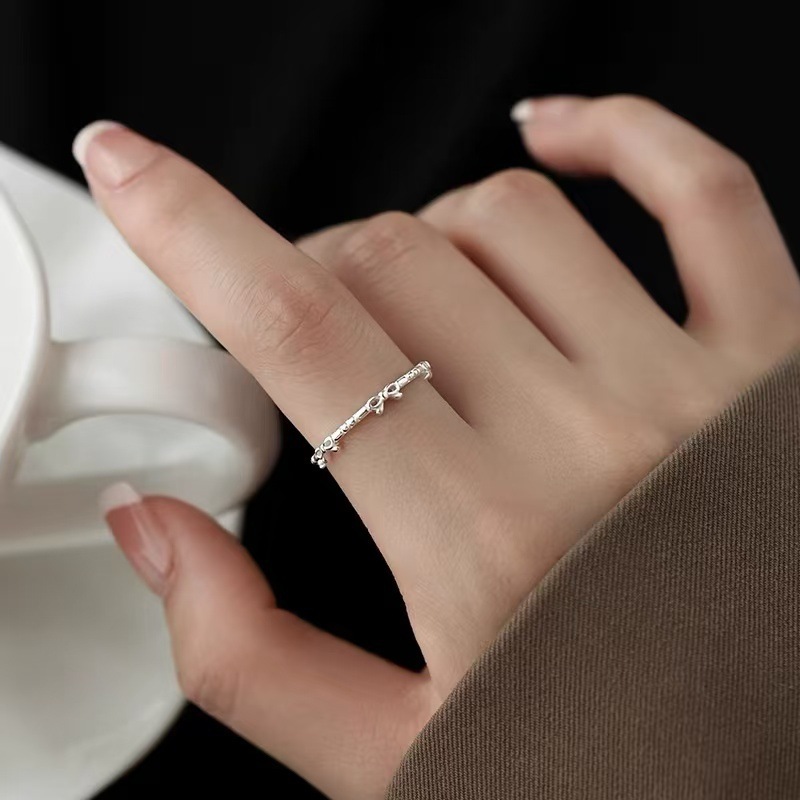 镂空甜美蝴蝶结戒指女简约时尚百搭气质S925镀银开口指环食指戒潮