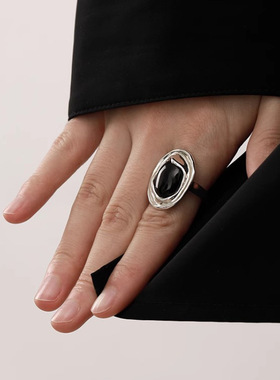 黑色椭圆锆石戒指女复古重工嘻哈开口指环个性时尚创意百搭食指戒