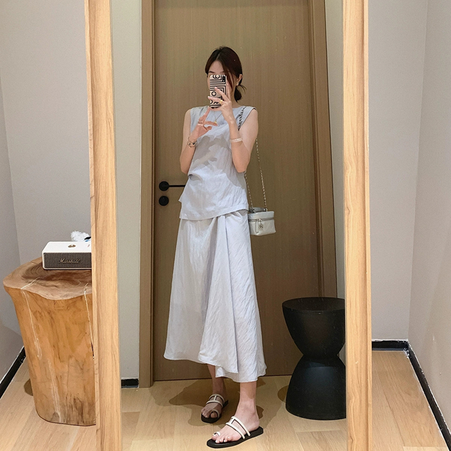 c*s同款！莱赛尔收腰扭结90天丝小衫半身裙套装夏季气质两件套女