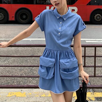 26夏季新款短袖宽松显瘦短裙减龄百搭蓝色衬衫短裙子